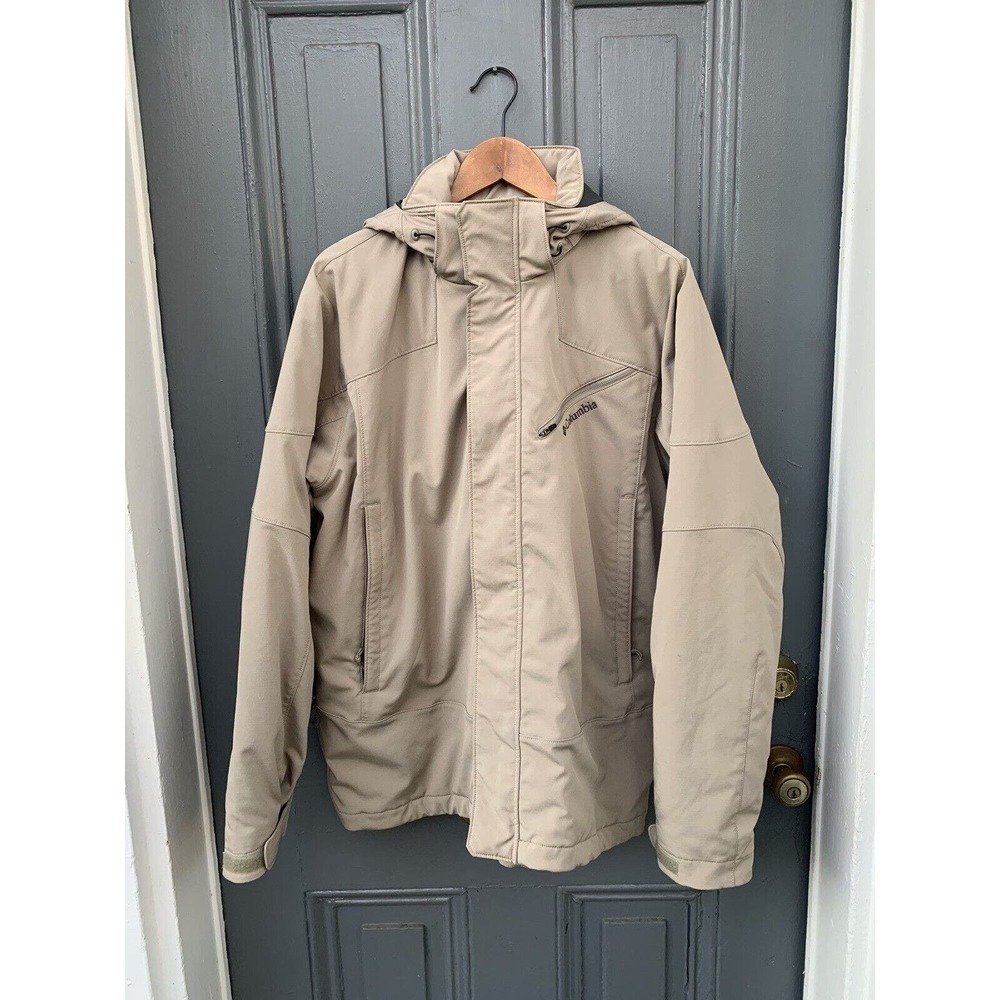 Columbia Sportswear Parka Mens Large Fleece Lined Jacket Coat Taupe Snap On Hood
